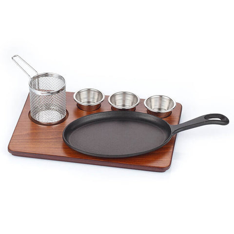 ABM Iron Cast Large Oval Fajita Skillet Set - Medium Density Fiber (A 152B 07) - iFoodservice Online