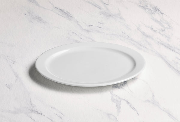 Ariane Prime 10 5/8" Prime - Warm White Porcelain Flat Plate Banquate Small Rim - 12/Case (APRARN000018027) - iFoodservice Online