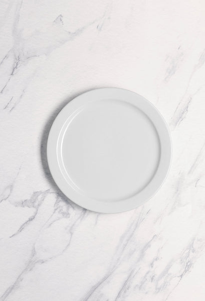 Ariane Prime 7 1/2" Prime - Warm White Porcelain Flat Plate Banquate Small Rim - 12/Case (APRARN000018019) - iFoodservice Online