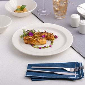 Ariane Prime 9 4/9" Prime - Warm White Porcelain Flat Plate Banquate Small Rim - 12/Case (APRARN000018024) - iFoodservice Online