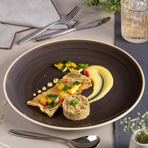 Ariane Vital Coupe 12 1/5" Twister Mokka Drak Brown Porcelain Coupe Round Rimless Plate - 6/Case (AVCARN263011031) - iFoodservice Online