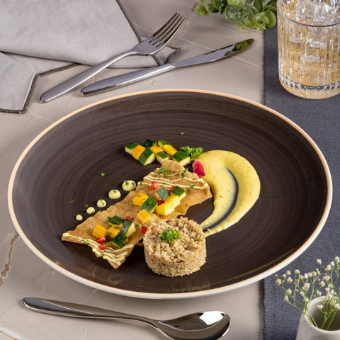 Ariane Vital Coupe 12 1/5" Twister Mokka Drak Brown Porcelain Coupe Round Rimless Plate - 6/Case (AVCARN263011031) - iFoodservice Online