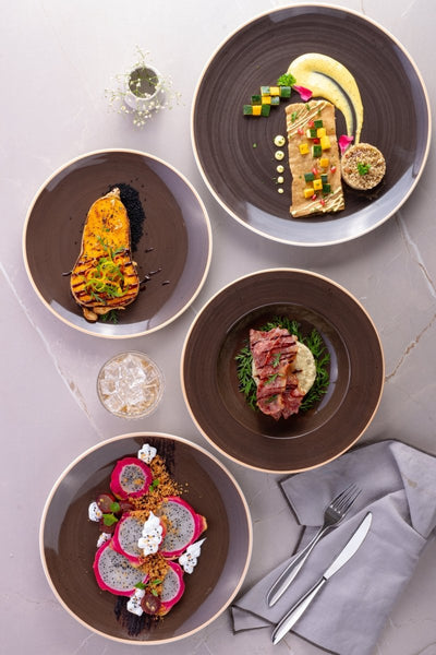 Ariane Vital Coupe 12 3/5" Twister Dark Brown Porcelain Coupe Oval Plate - 6/Case (AVCARN263015032) - iFoodservice Online