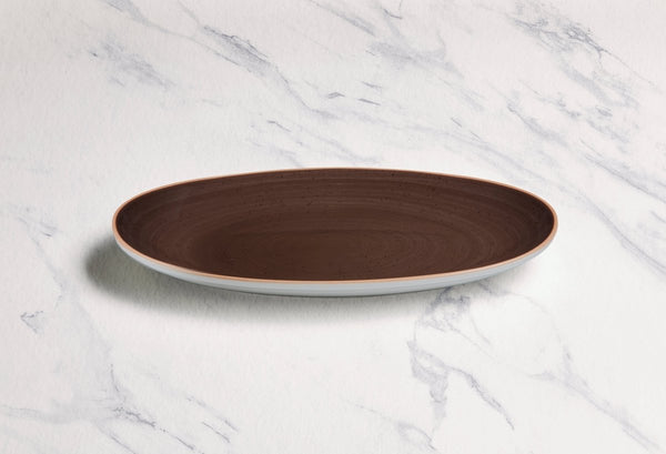 Ariane Vital Coupe 12 3/5" Twister Dark Brown Porcelain Coupe Oval Plate - 6/Case (AVCARN263015032) - iFoodservice Online