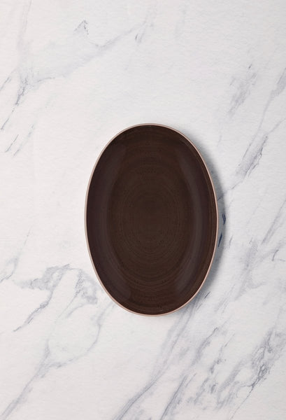 Ariane Vital Coupe 12 3/5" Twister Dark Brown Porcelain Coupe Oval Plate - 6/Case (AVCARN263015032) - iFoodservice Online