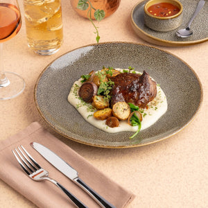 Ariane Vital Coupe 9 4/9" Freckles Porcelain Coupe Round Rimless Plate - 6/Case (AVCARNC97011024) - iFoodservice Online