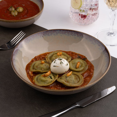 Ariane Vital Coupe 9 5/6" Splash Beige Porcelain Coupe Round Deep Plate - 6/Case (AVCARN257012025) - iFoodservice Online