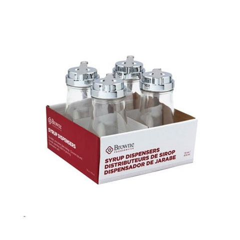 Browne Foodservice Syrup Dispenser Flat Top 14oz/414ml Glass With Stainless Steel Top Set of 4 (575229) - iFoodservice Online