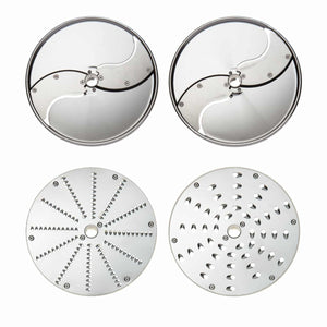 Eurodib Dito Sama, Set of 4 Stainless Steel Discs containing one each of: C2S 5/64" (2mm) slicing disc, C5S 3/16" (5mm) slicing disc, J2X 5/64" (2mm) grating disc and J7X 9/32" (7mm) grating disc (650178) - iFoodservice Online