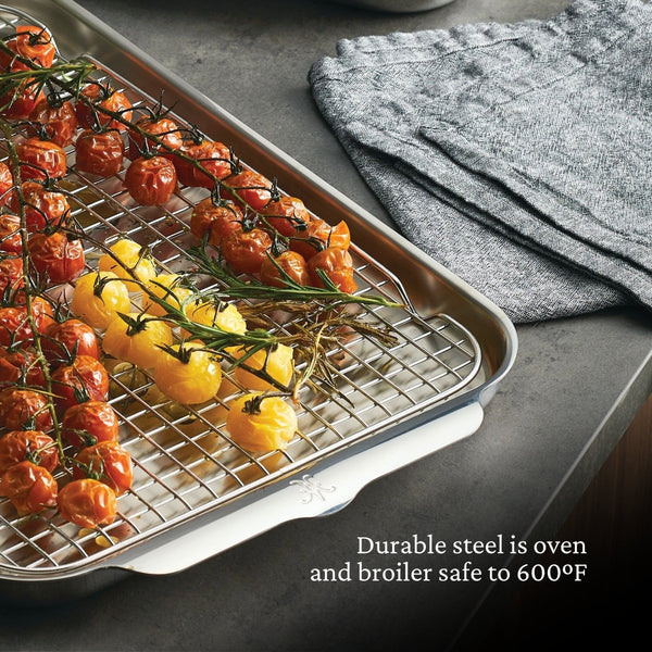 Hestan OvenBond® 9" x 12" Tri-ply Clad Stainless Steel Quarter Sheet Pan with Rack (48822) - iFoodservice Online