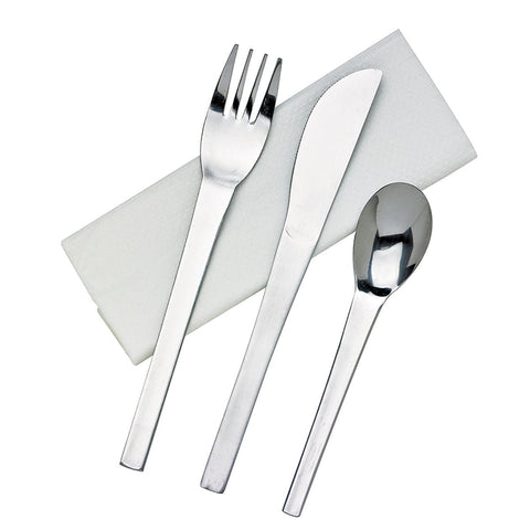 Packnwood 4/1 Reusable Stainless steel cutlery kit with paper wrapped L:8.17in - iFoodservice Online