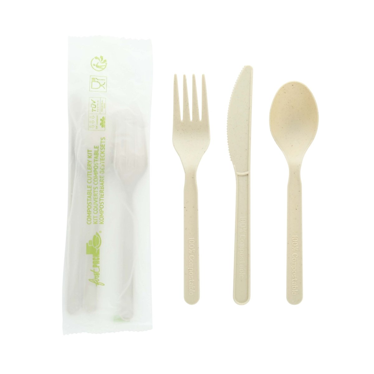 Packnwood Compostable Bamboo Fiber 3/1 Cutlery Kit With Compostable Bag (Knife, Fork, Spoon) L:6in - iFoodservice Online