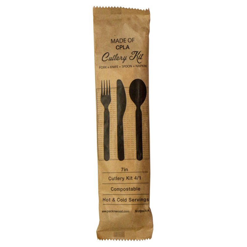 Packnwood Compostable Bamboo Fiber 4/1 Cutlery Kit With Kraft Bag (Knife, Fork, Spoon, Napkin) L:7in - iFoodservice Online