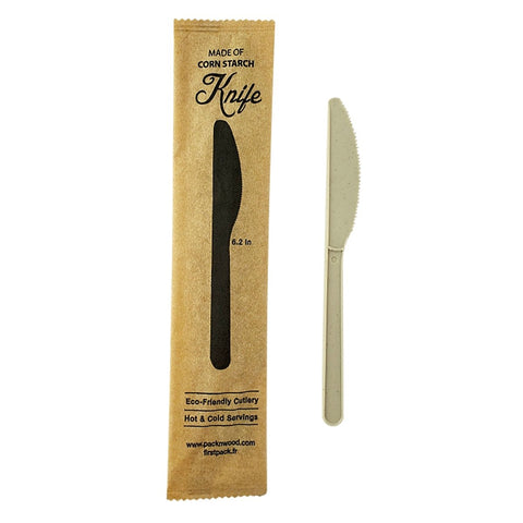 Packnwood Compostable & Heat Proof Corn - Bamboo Fiber Knife Individually Wrapped In a Paper Wrapper L:6in W:1.97in - iFoodservice Online