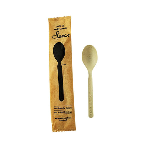 Packnwood Compostable & Heat Proof Corn - Bamboo Fiber Spoon Individually Wrapped In a Paper Wrapper L:6in W:1.97in - iFoodservice Online