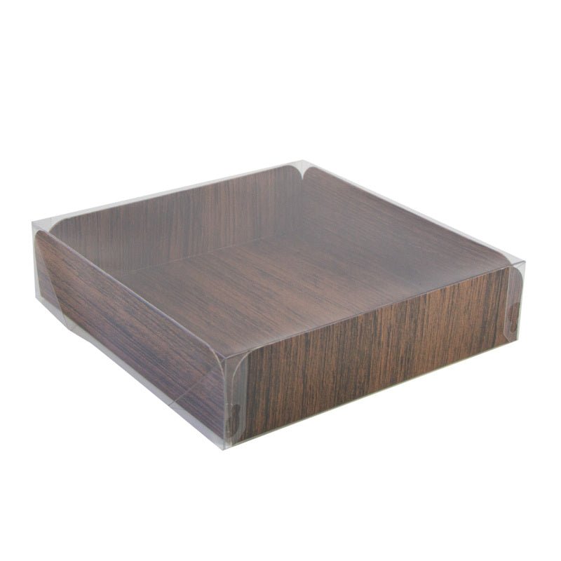 Packnwood Double - Sided Corrugated Cardboard Square With Wood Decor With A Clear Lid L:10in W:10in H:2.5in - iFoodservice Online