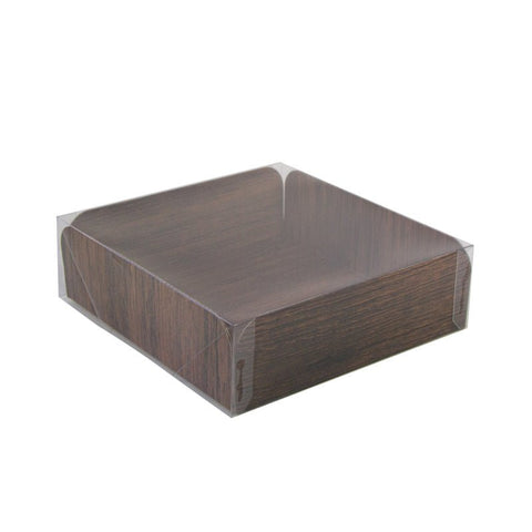 Packnwood Double - Sided Corrugated Cardboard Square With Wood Decor With A Clear Lid L:8in W:8in H:2.5in - iFoodservice Online