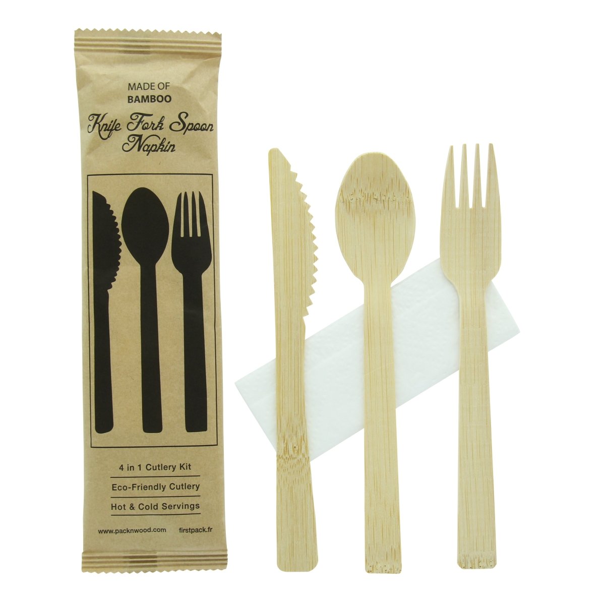 Packnwood Elegant and Sturdy Bamboo Cutlery Kit 4/1 (Knife, Fork, Spoon, Napkin) L:6.7in W:2.25in - iFoodservice Online