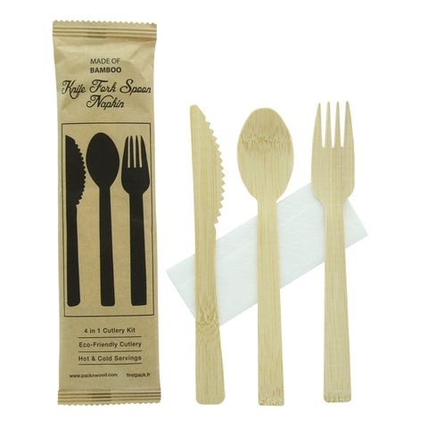 Packnwood Elegant and Sturdy Bamboo Cutlery Kit 4/1 (Knife, Fork, Spoon, Napkin) L:6.7in W:2.25in - iFoodservice Online