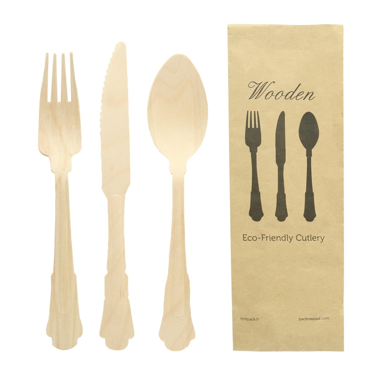 Packnwood Elegant Wooden Cutlery 3 Piece Set (Fork, Knife, Spoon) L:8.5in W:3.1in - iFoodservice Online