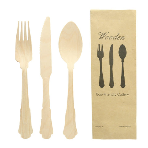 Packnwood Elegant Wooden Cutlery 3 Piece Set (Fork, Knife, Spoon) L:8.5in W:3.1in - iFoodservice Online