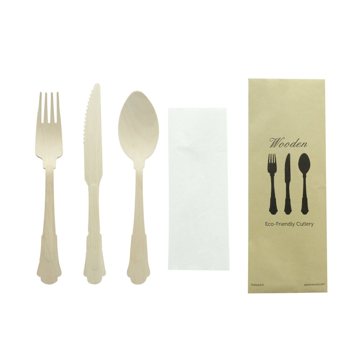 Packnwood Elegant Wooden Cutlery 4 Piece Set (Fork, Knife, Spoon, Napkin) L:8.5in - iFoodservice Online