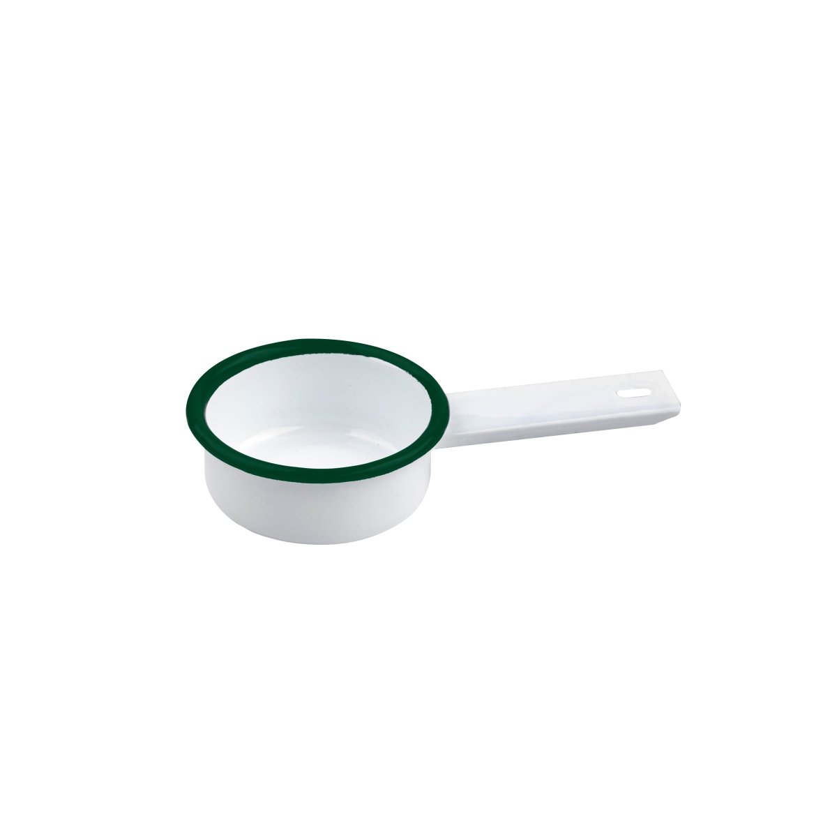 Packnwood Enamel reusable mini saucepan white w/green rim 2oz D:2.75in H:1.14in - iFoodservice Online