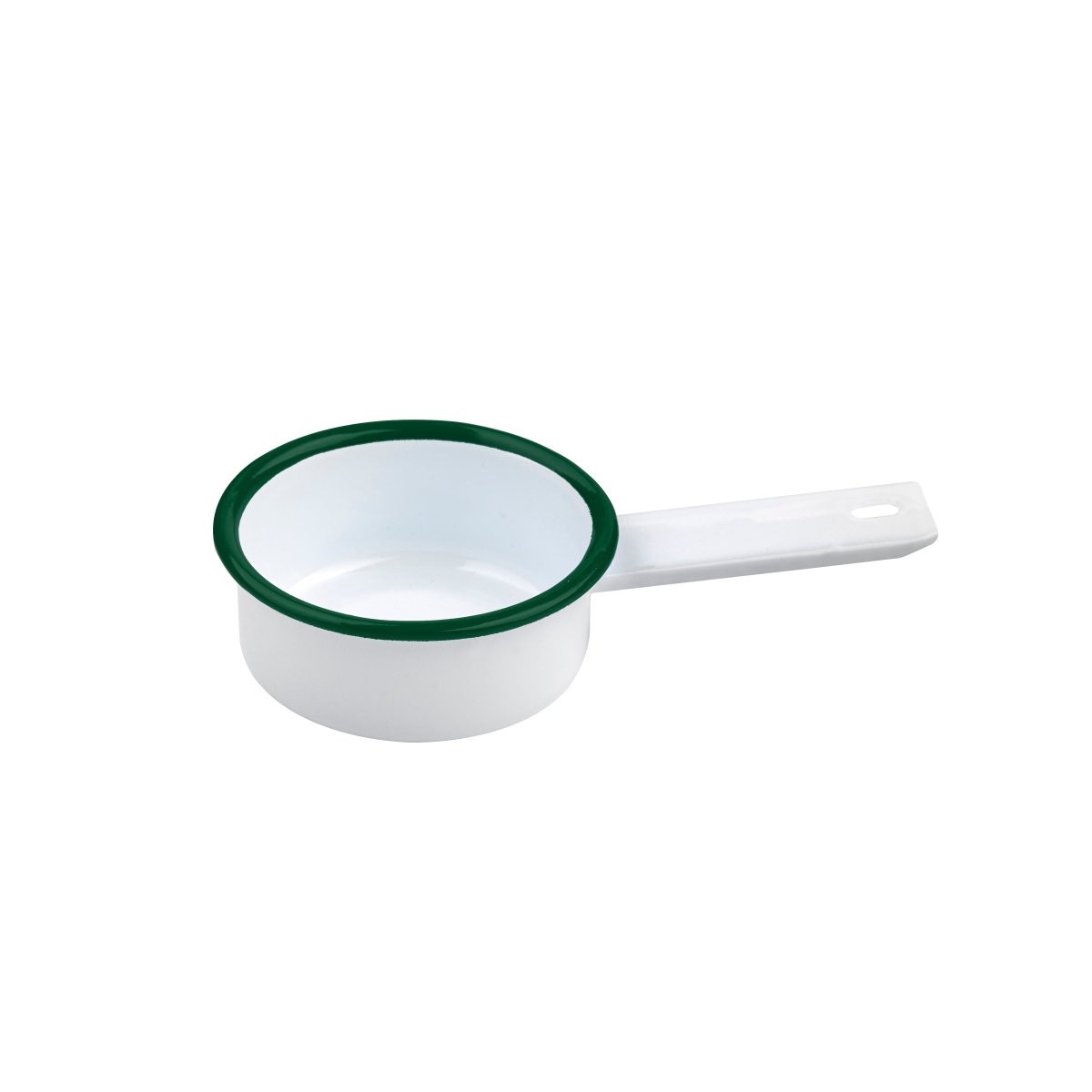 Packnwood Enamel reusable mini saucepan white w/green rim 3oz D:3.14in H:1.18in - iFoodservice Online