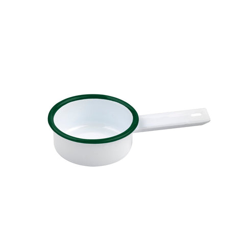 Packnwood Enamel reusable mini saucepan white w/green rim 3oz D:3.14in H:1.18in - iFoodservice Online