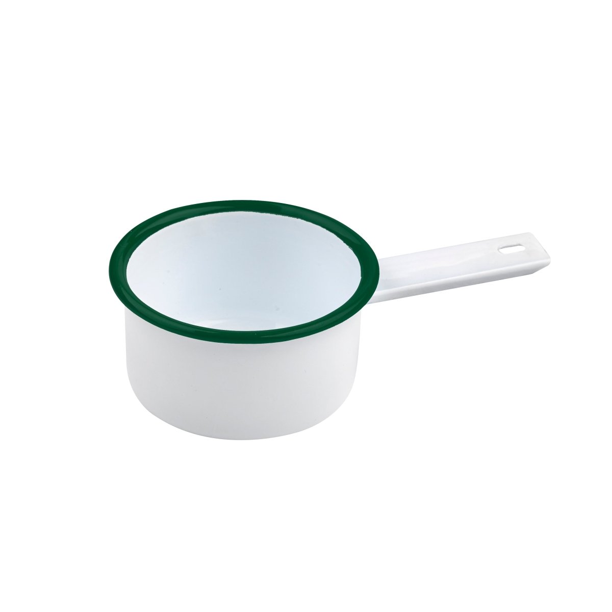 Packnwood Enamel reusable mini saucepan white w/green rim 7oz D:3.54in H:1.85in - iFoodservice Online