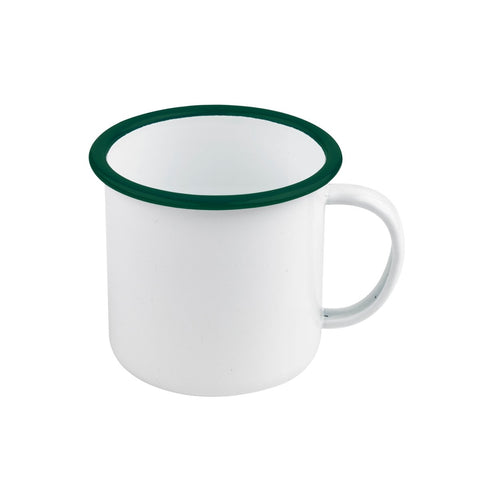 Packnwood Enamel reusable mug white w/green rim 17oz D:4.7in H:3.5in - iFoodservice Online