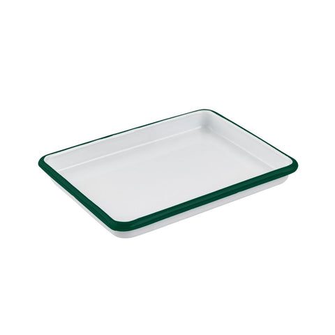 Packnwood Enamel reusable rectangular tray white w/green rim L:6.5in W:4.8in H:1in - iFoodservice Online