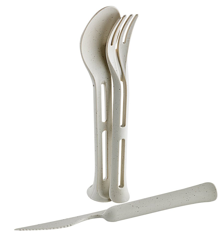Packnwood HUSKLY Reusable stand up cutlery kit (knife, fork, spoon ) beige husk composite L:8.7in - iFoodservice Online