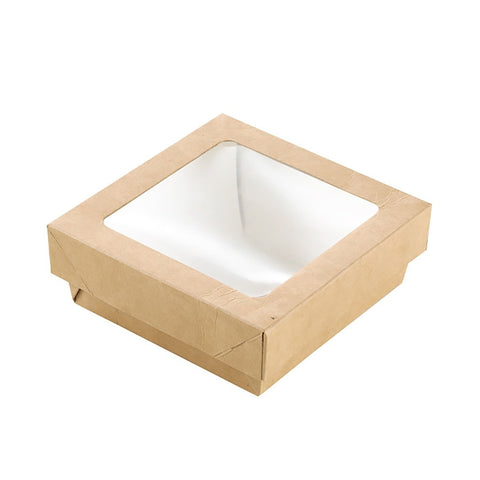 Packnwood Kraft Kray Boxes with PET Window Lid 12oz L:3.9in W:3.9in H:1.6in - iFoodservice Online