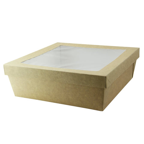 Packnwood Kraft Kray Boxes with PET Window Lid 132oz L:8.7in W:8.7in H:3.2in - iFoodservice Online