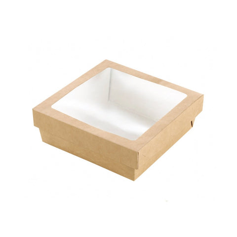 Packnwood Kraft Kray Boxes with PET Window Lid 34oz L:5.5in W:5.5in H:2in - iFoodservice Online