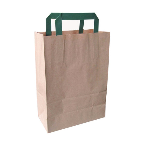 Packnwood Kraft/brown recycled paper carrier bag with green handles H:11in W:4in L:7.9in - iFoodservice Online