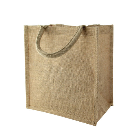 Packnwood Natural Reusable carrier jute bag with handle W:10.2in Gusset:6.7in H:11in - iFoodservice Online