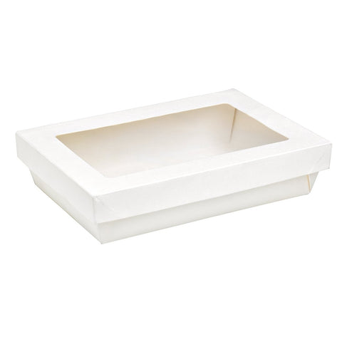 Packnwood Rectangular White Kray Boxes with PET Window Lid 50oz L:8.8in W:6.1in H:2in - iFoodservice Online