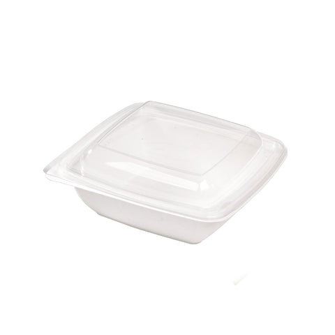 Packnwood Square White Sugarcane Salad Bowl 25oz L:7.7in W:7.7in H:1.9in - iFoodservice Online