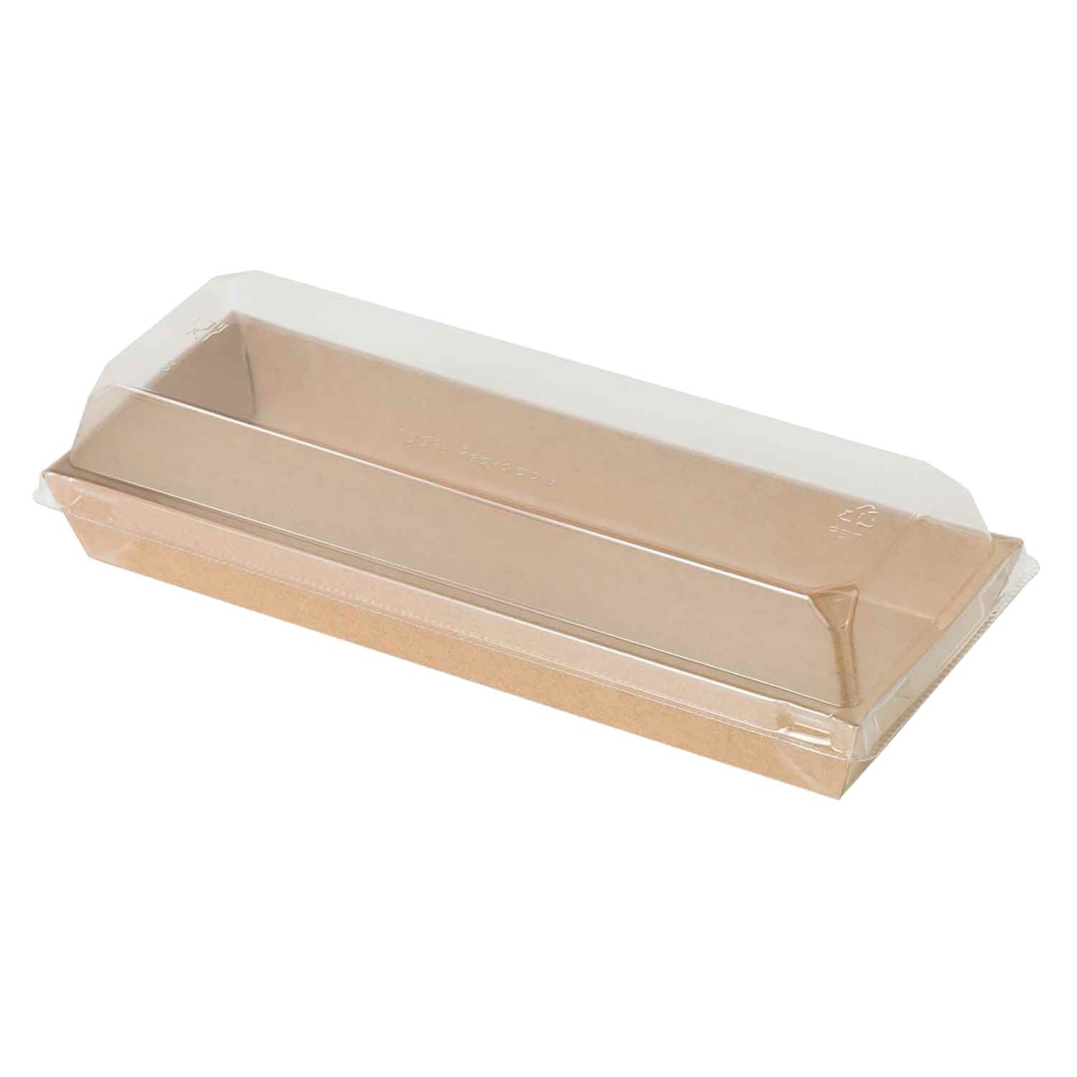 Packnwood Sushi box in kraft with PET lid 14oz Base: L:8.5in W:3in H:1in Lid: L:8.8in W:3.4in H:1.2in - iFoodservice Online