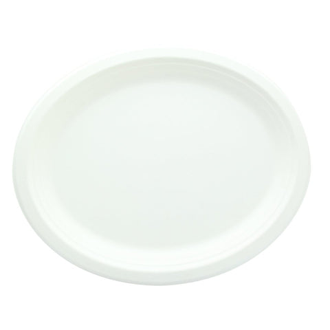 Packnwood White Oval Sugarcane Plate (No added PFAs) L:12.2in W:9.4in H:0.82in - iFoodservice Online