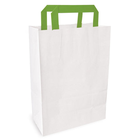 Packnwood White Paper Bag with Green Handles W:10.3in Gusset:6.6in H:11in - iFoodservice Online