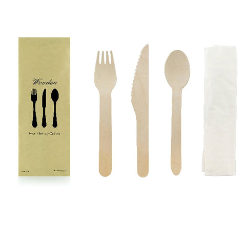 Packnwood Wooden Cutlery 4/1 kit (Knife + Fork + Spoon + Napkin) L:6.2in - iFoodservice Online
