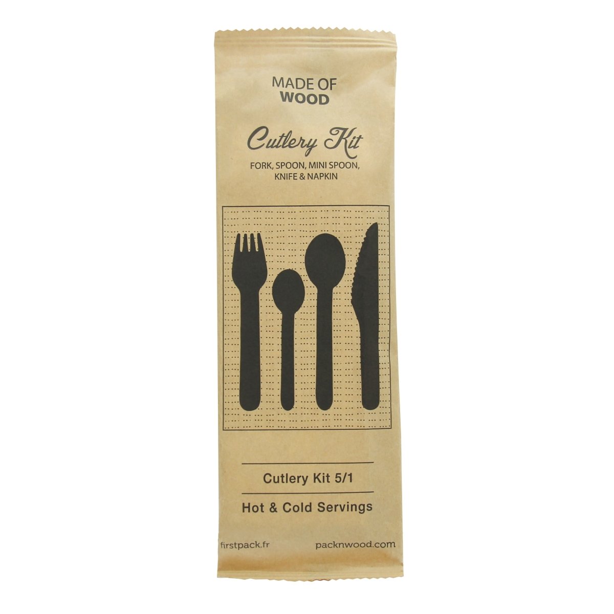 Packnwood Wooden Cutlery 5/1 kit (Knife + Fork + Spoon + Mini Spoon + Napkin) L:6.2in - iFoodservice Online