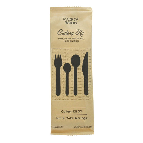 Packnwood Wooden Cutlery 5/1 kit (Knife + Fork + Spoon + Mini Spoon + Napkin) L:6.2in - iFoodservice Online
