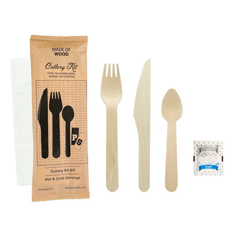Packnwood Wooden Cutlery 6/1 kit (Knife + Fork + Tea Spoon + Napkin + Salt & Pepper) L:6.2in - iFoodservice Online