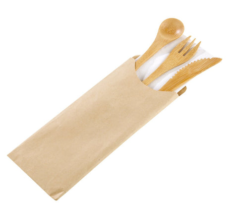 Packnwood Wrapped Bamboo Cutlery 4/1 Kit (Knife, Fork, Spoon, Napkin) L:6.3in - iFoodservice Online