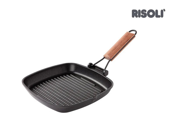 Risoli Saporella Square Grill Pan With Folding Wooden Handle (000090/20T00) - iFoodservice Online