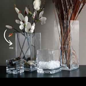 Turgla Decorative Senses 6" x 6" x h:12" Square Clear Glass Vase (Set of 4) (17518) - iFoodservice Online